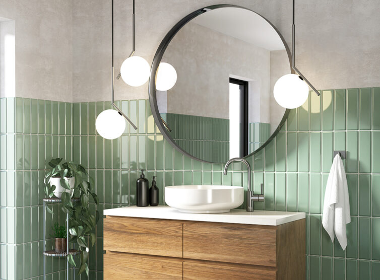 Contempory Bathroom with green tiles