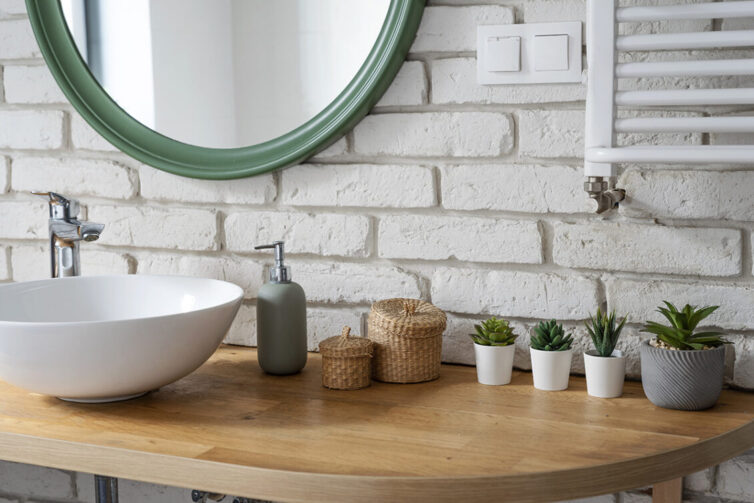 Bathroom sink and mirror. Decorated with plants.