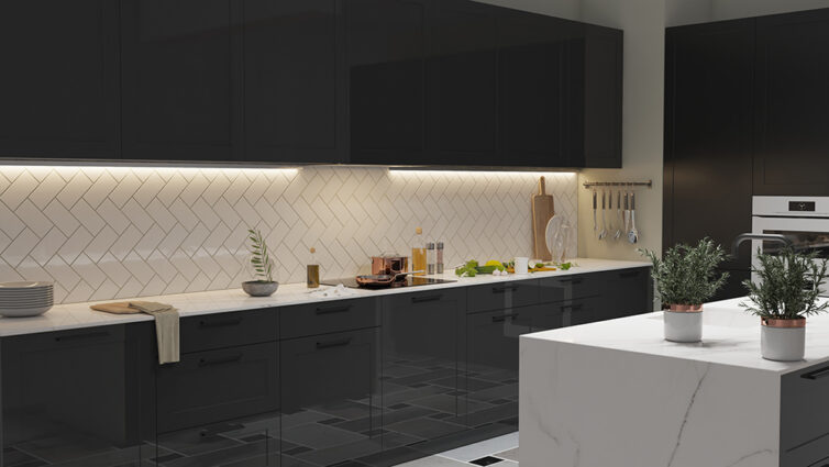 Dark kitchen cabinets with LED Strip lighting