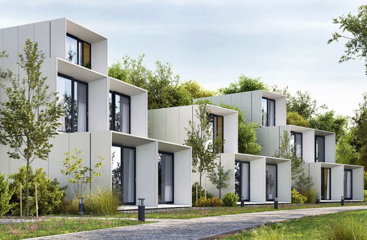 White modular homes with full glass windows