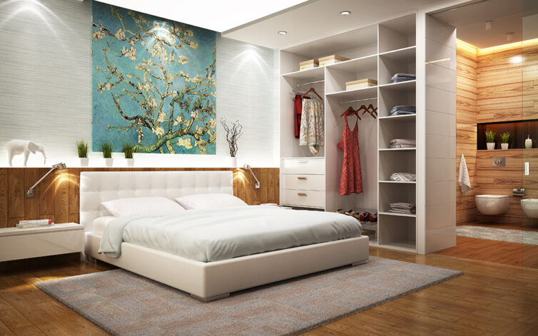 Large bedroom with ensuit bathroom. Built in room divider using wardrobe