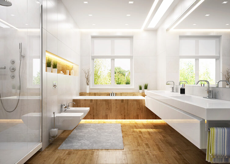 Wooden and white bathroom with overhead LED spot lights