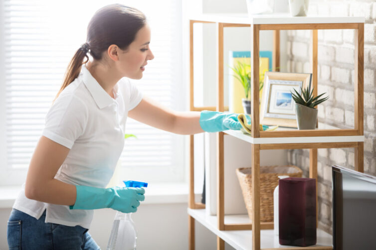 Women dusting shelf