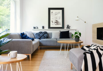 Grey corner Sofa in white room and wooden floor