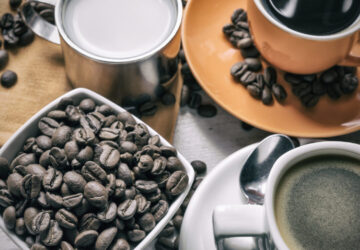 Coffee beans and coffee in cups