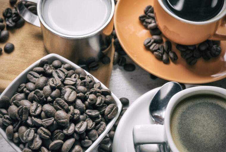 Coffee beans and coffee in cups