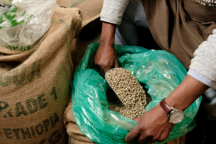 Ethiopian dried coffee beans in sacks