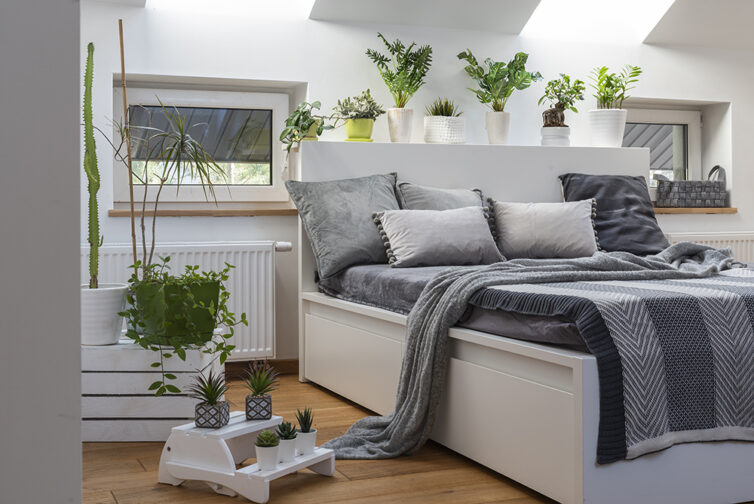 White bed and bedroom with house plants and grey bedding