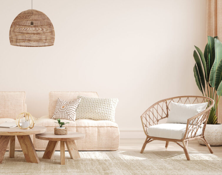 Tropical feel pastel lounge with wood and wicker furniture.