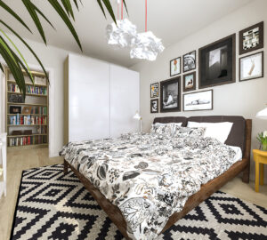 White bedroom with geometric rug and large stand alone wardrobe