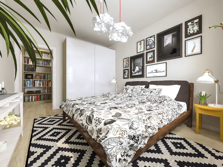 White bedroom with geometric rug and large stand alone wardrobe