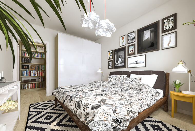 White bedroom with geometric rug and large stand alone wardrobe