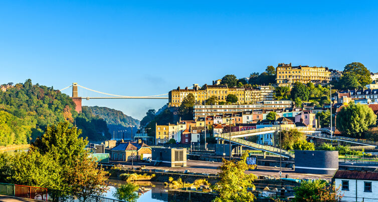 Clifton village in Bristol with Suspension bridge at background