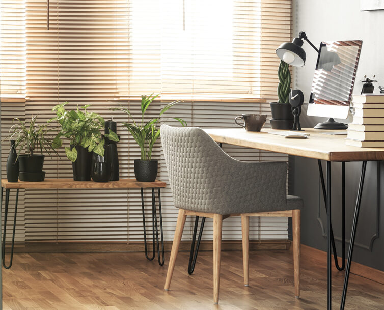 Home Offic with wooden flooring, plants and wooden desk with hairpin legs