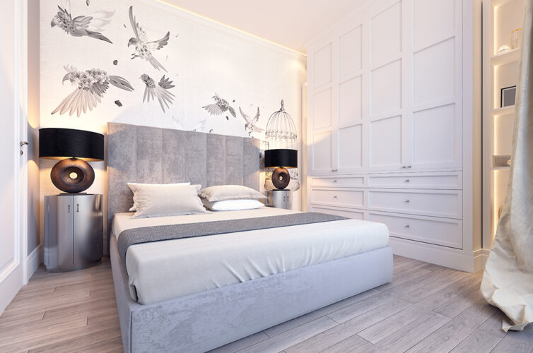 White and grey stylish bedroom with bird mural/wallpaper and builti-n bespoke wooden wardrobe