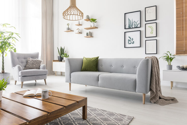 Neutral Loung with grey sofa and plants