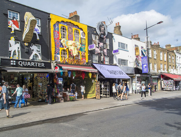 Row of shops in Camden, London, UK.