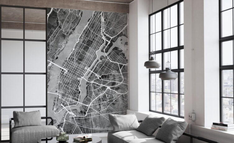 Office waiting area with sofa and room divide mural - black and white New York Street Map