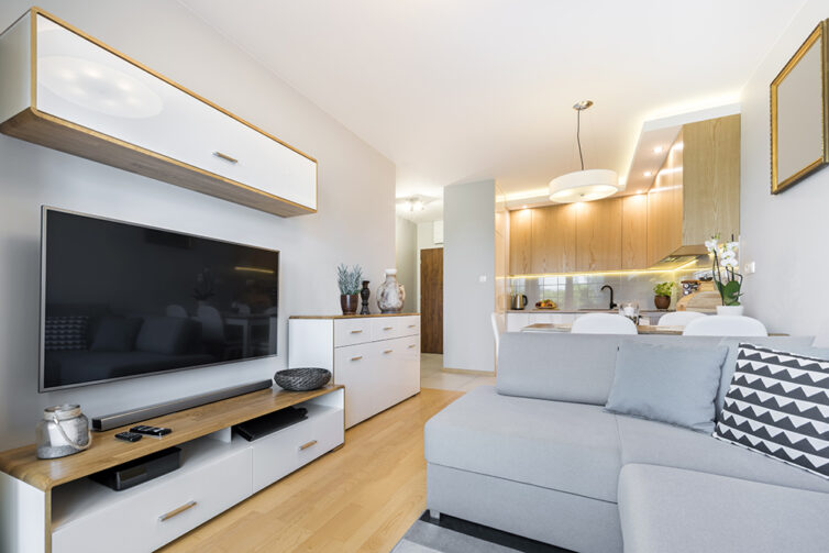 Small apartment with great storage and TV mounted on wall.