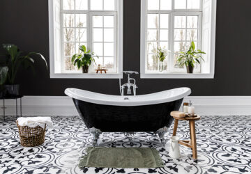 Bathroom with black painted walls and black roll top bath