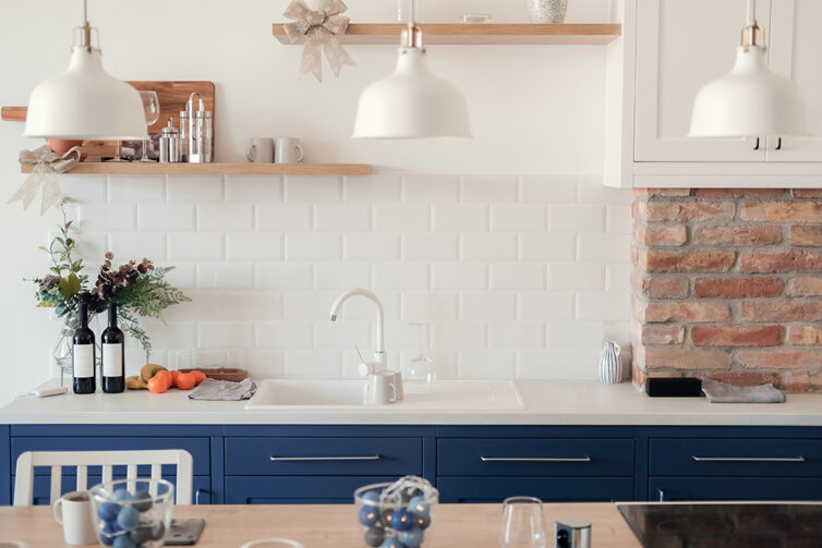 Blue Kitchen with white worktops