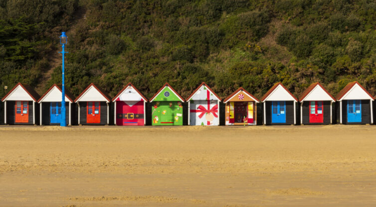 Christmas themed beach huts on Bournemouth Beach