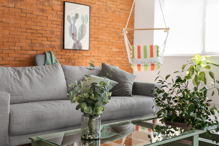 Apartment with swng hammock and feature brick wall. Grey sofa and plants.