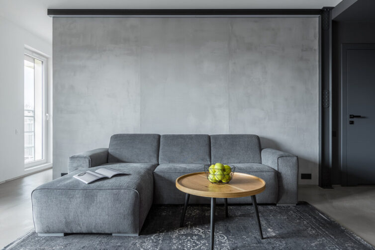 Concrete wall in living room, grey sofa and grey rug