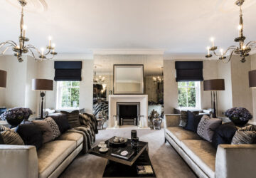 Stylish living room with luxuary silver sofas. Fireplace focal point