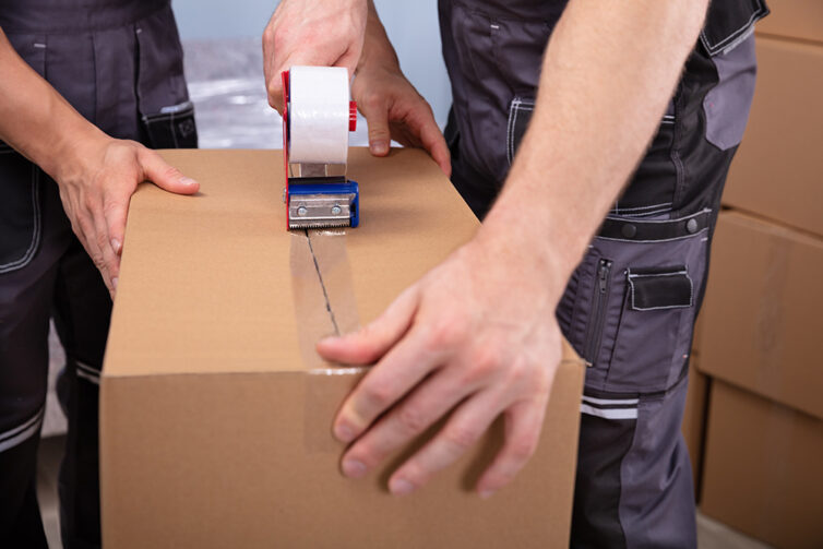 Professional house movers packing boxes
