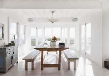 Dining room with wooden dining table and bench chairs.