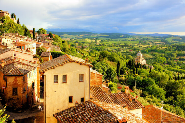 Tuscan countryside and Montepulciano at sunset, Italy