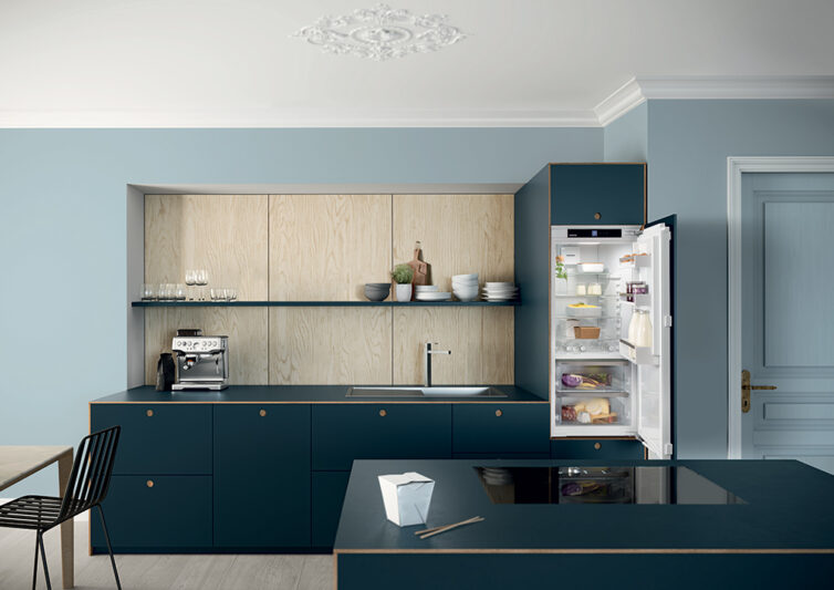 Modern dark kitchen units with intergrated Liebherr fridge