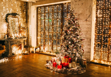 Christmas lighing on christmas tree, walls and windows