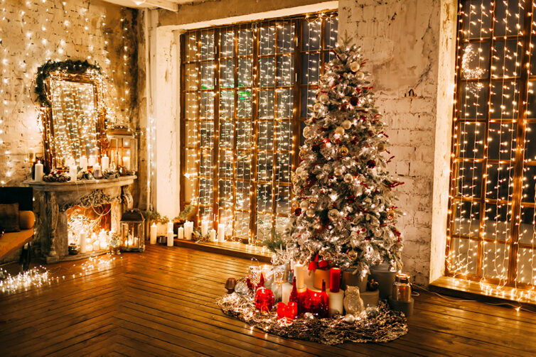 Christmas lighing on christmas tree, walls and windows