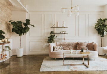Stylish living room with blush pink sofa