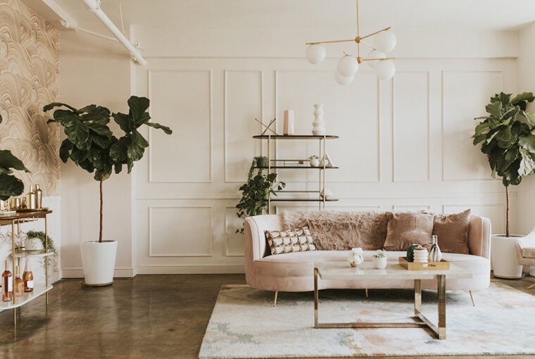 Stylish living room with blush pink sofa