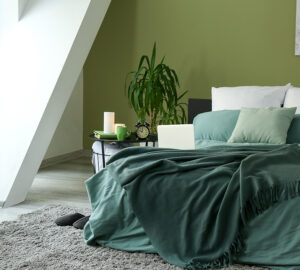 Bedroom with green walls, green bedding and green blanket