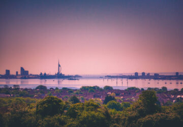 Skyline in Portsmouth, UK showing Spinnaker tower, Gunwharf Quays, Portsmouth harbour,