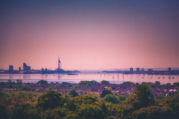 Skyline in Portsmouth, UK showing Spinnaker tower, Gunwharf Quays, Portsmouth harbour,