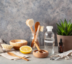 Eco-friendly cleaning with vinegar, lemon, bicarbonate of soda and natural bowls and brushes