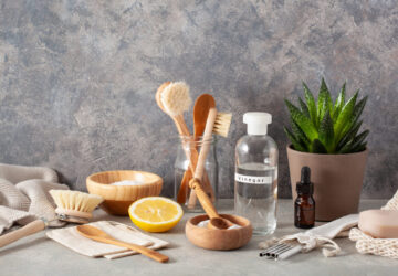 Eco-friendly cleaning with vinegar, lemon, bicarbonate of soda and natural bowls and brushes