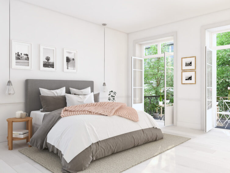 Style calm white bedroom with french doors. Bedroom 3D rendering.
