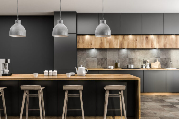 Modern kitchen with black cupboards and wooden worktops. 3D rendering