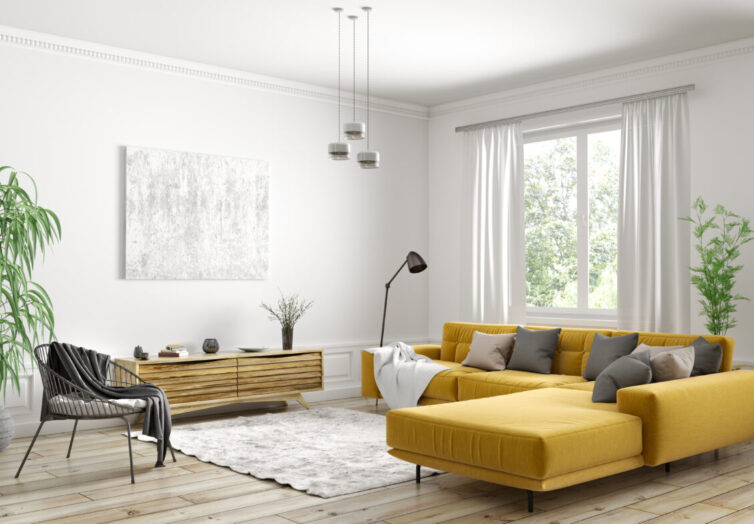Modern white living room with yellow L shaped sofa. Living room 3d rendering