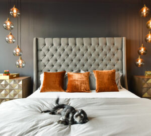 Bedroom with dark painted walls, cosy bed with small black and white dog sleeping. Stylish glass hanging pendent lights.