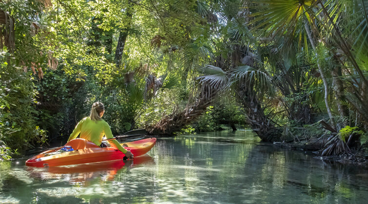 Women in red kayak on Juniper Springs Creek, Florida
