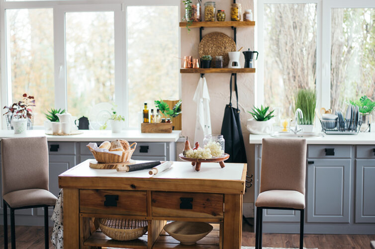 Country kitchen with wooden portable kitchen island