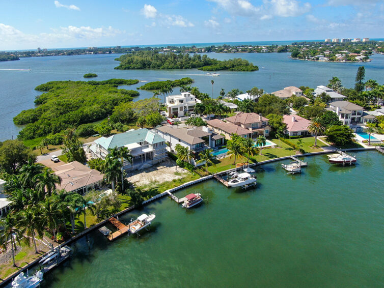 View of propery and sea at Bay Island, Sarasota, Florida, USA