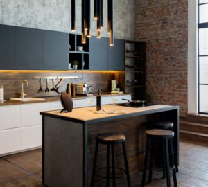 Modern black and white kitchen with black metal and wood kitchen island